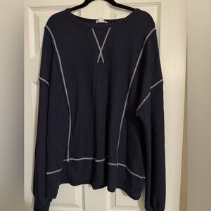 CHIC SOUL Navy Blue Long Sleeve Waffle Knit Top w/white trim detail-Size 3x-EUC